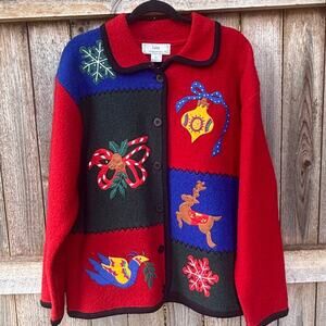 Vintage LISA Intl boiled Wool JACKET Christmas holiday red Size XL ornament